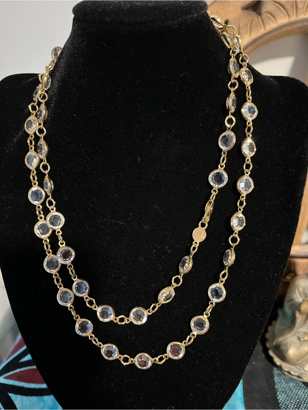 Stunning Austrian  Crystal Signed  34” Gold tone Station Double Strand Necklace